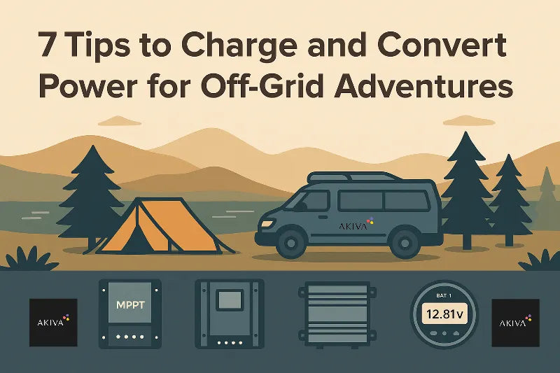 Flat illustration of a lakeside van and tent with icons of off-grid power gear—solar controller, inverter, converter, and battery monitor