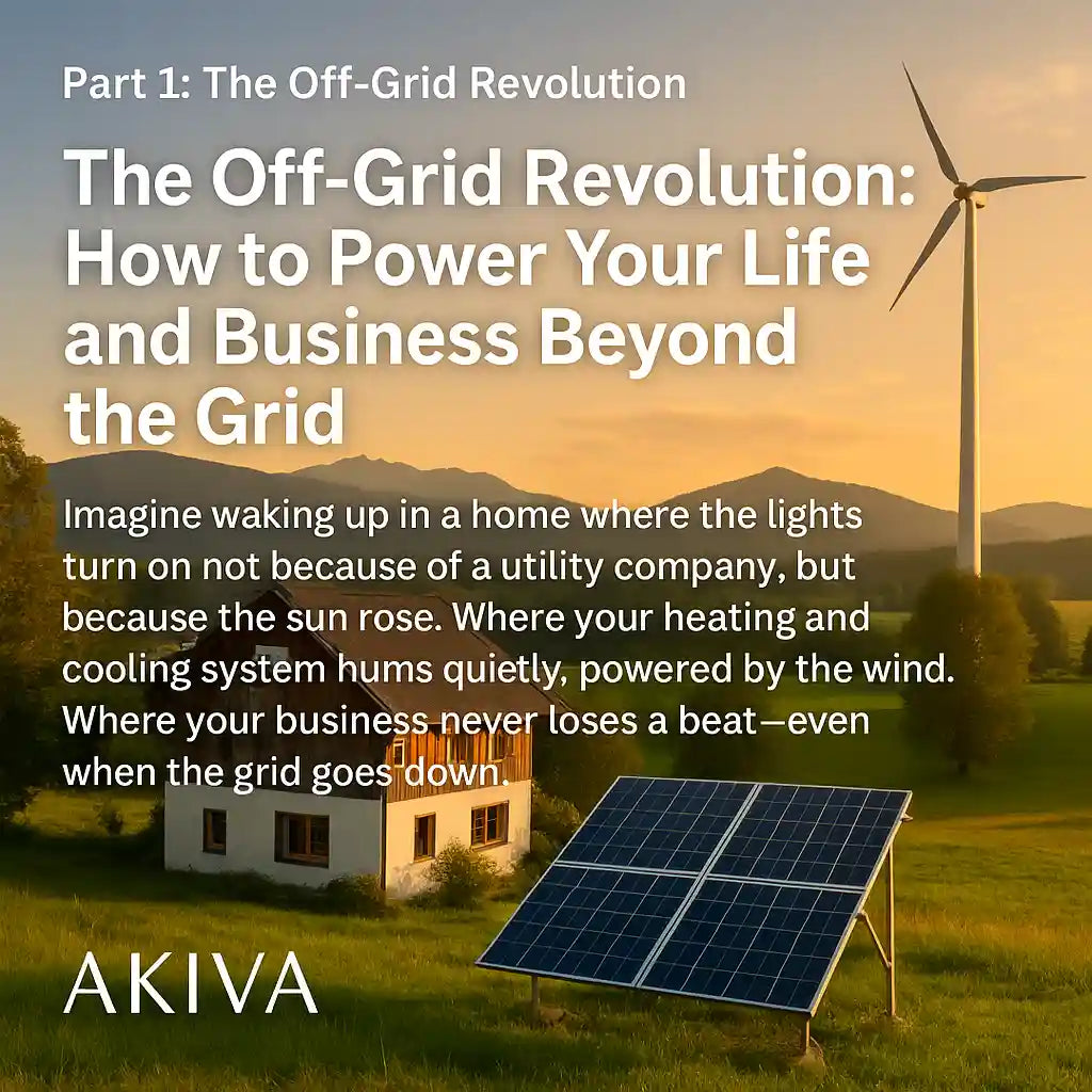 Off-grid home with solar panels and wind turbine at sunset. Part 1: The Off-Grid Power Systems Guide by Akiva