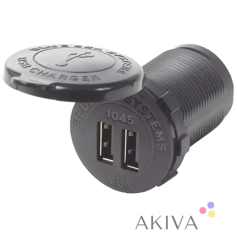 Black dual USB charger with protective cap for Blue Sea Systems BSS 12/24VDC dual USB charger