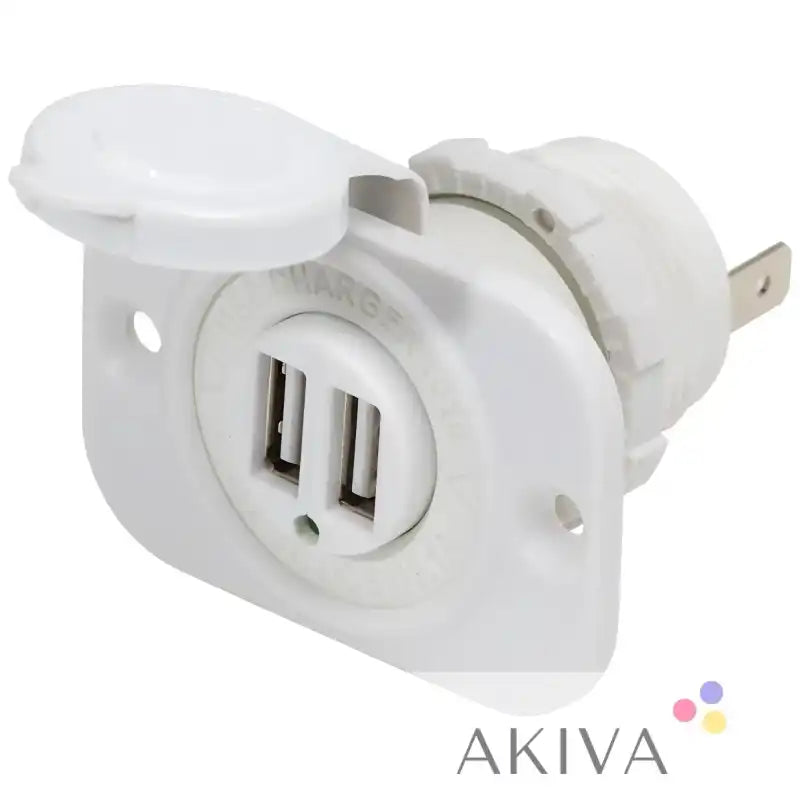 Blue Sea Systems white dual USB charger with hinged cover and plug