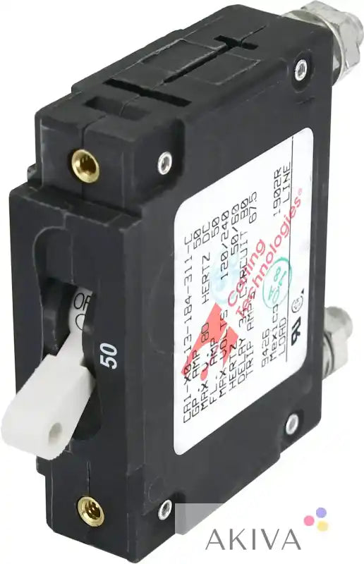 Blue Sea Systems 50A circuit breaker back view with gold terminals