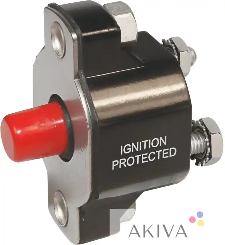 Black ignition-protected circuit breaker with red reset button from Blue Sea Systems