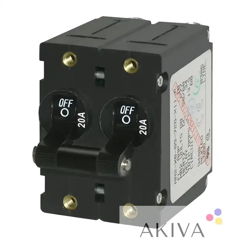 Blue Sea Systems black dual 20A circuit breaker with gold screw terminals