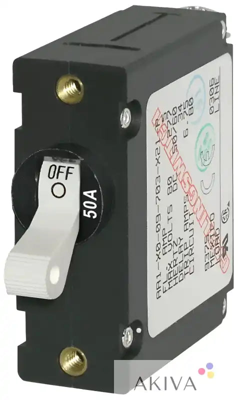 Blue Sea Systems 50A circuit breaker with white off toggle and gold terminals