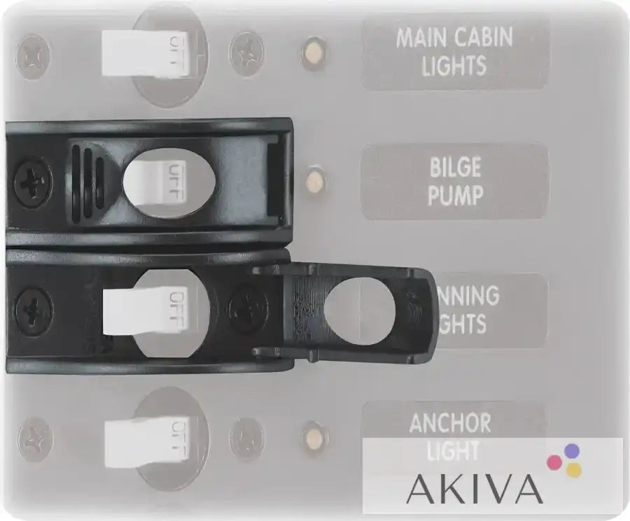 Blue Sea Systems BSS ToggleGuard circuit breaker panel with labeled switches