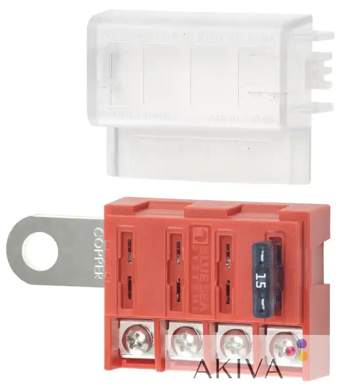 Red fuse block with clear cover on Blue Sea Systems Fuse Block for BSS battery terminal