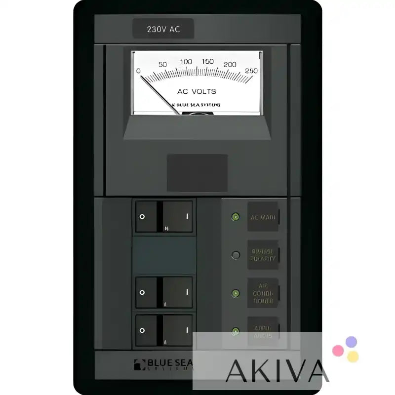 Electrical panel with voltmeter and switches from Blue Sea Systems BSS Panel 360 230VAC
