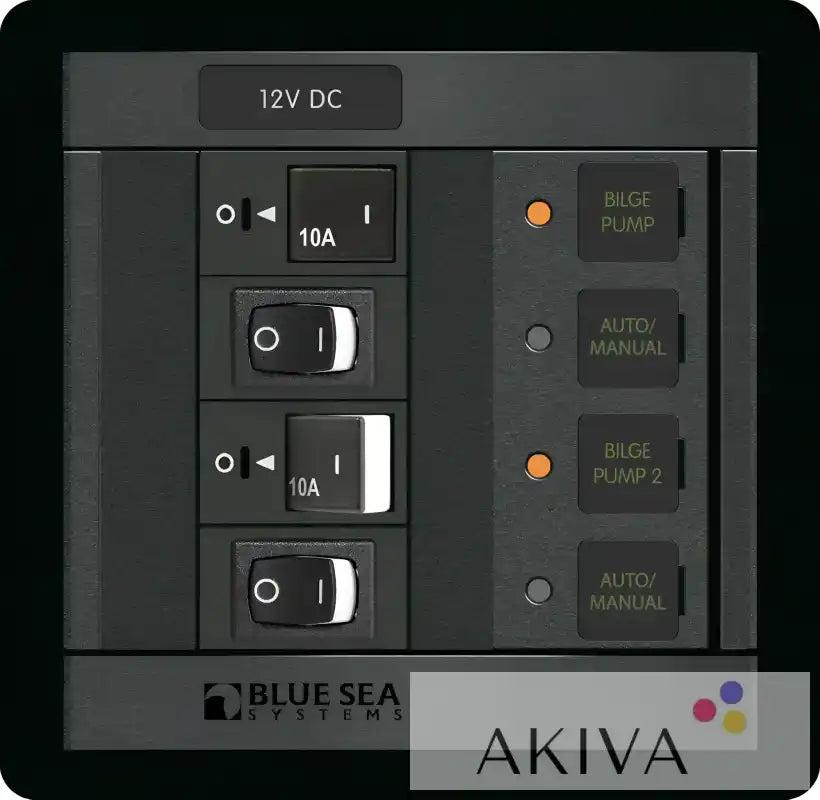 Blue Sea Systems BSS Panel 360 dual bilge pump control with black panel, 4 toggles, orange lights