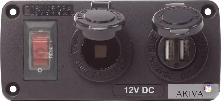 Black 12V DC power outlet panel on Blue Sea Systems BSS Panel Acc H2O USB & Socket