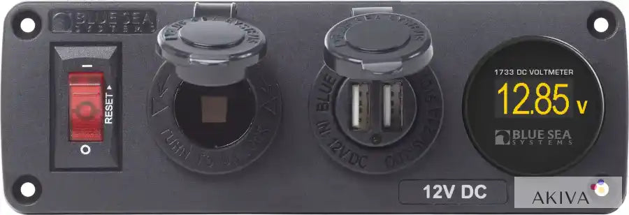 Black panel with switch, power outlets, and voltmeter for Blue Sea Systems BSS BelowDeck