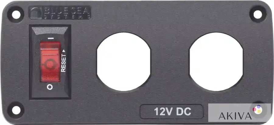 Black panel with switch and circular cutouts for Blue Sea Systems BelowDeck 2 Socket Blank