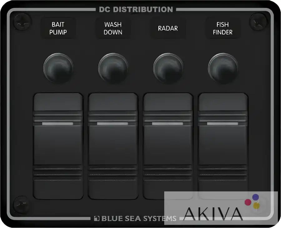 Black DC distribution panel by Blue Sea Systems for reliable marine power management