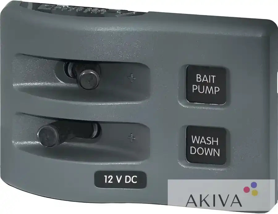Gray boat control panel featuring Blue Sea Systems BSS panel switch for marine applications