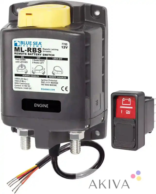Blue Sea Systems remote battery control switch with yellow knob and manual control