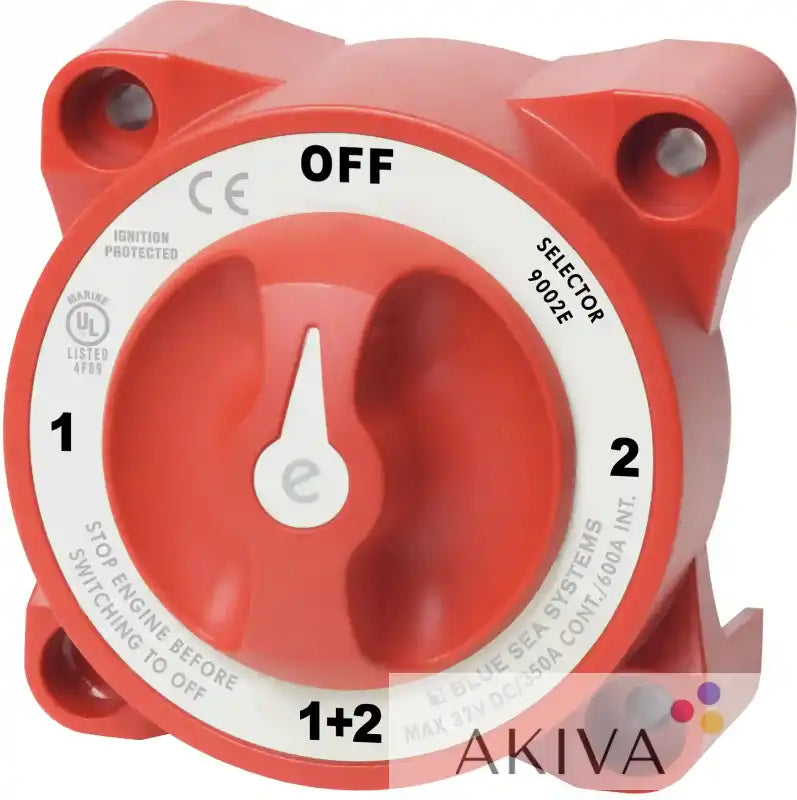 Red marine battery selector switch by Blue Sea Systems for reliable power management