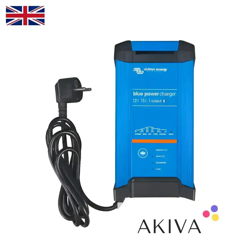 Blue Smart IP22 Charger 12/15(1) 230V UK with blue battery charger and UK plug