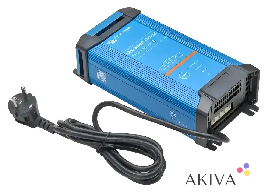 Blue Smart IP22 Charger with a black power cord and cooling vents for efficient charging