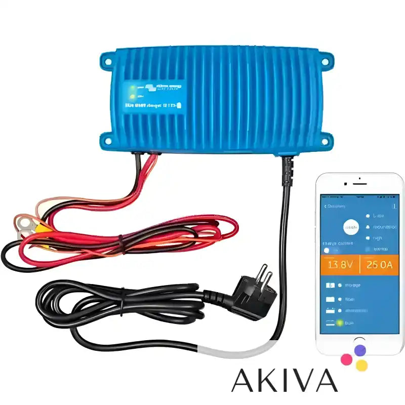 Blue Smart IP67 Charger 12/13(1) 230V CEE 7/7 with wires and smartphone displayed