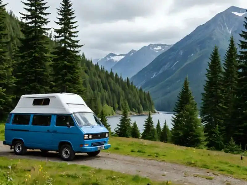 Blue and white camper van.
