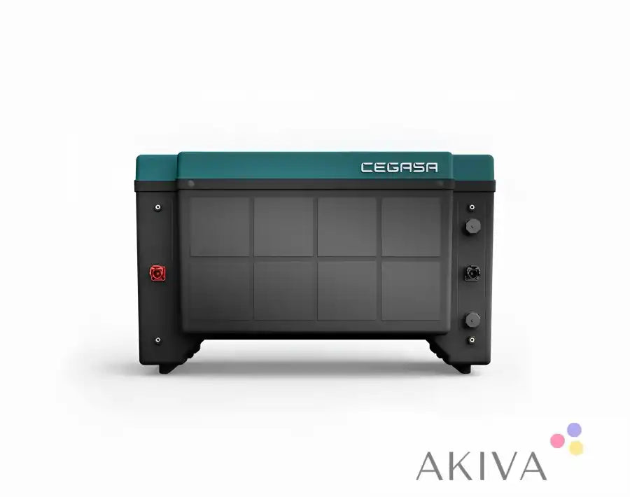 Rectangular dark-colored cegasa e bick energy storage module with teal top for Bick LV Home