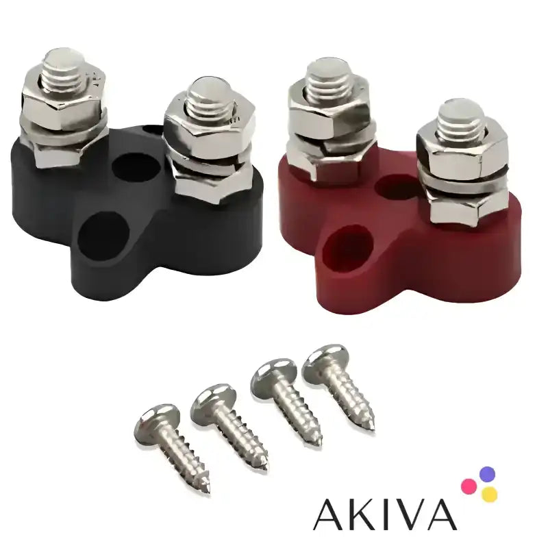 Dual Terminal Stud M8-linked set featuring terminal blocks with screws in red and black