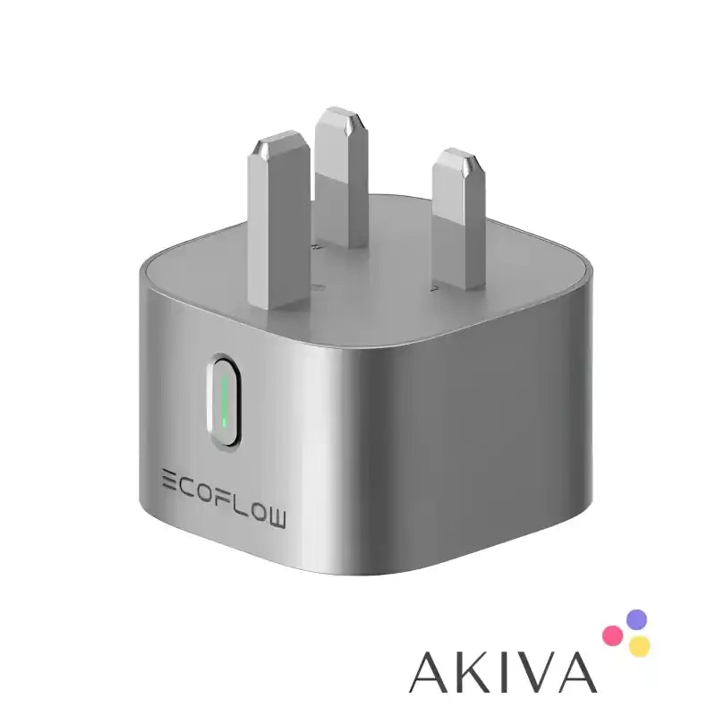 Silver three-prong ECOFLOW SmartPlug adapter with green indicator light for off-grid power solutions