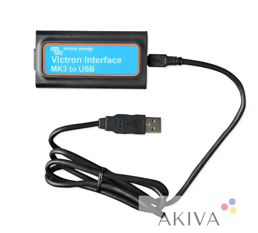 Black Victron Energy MK3-USB interface adapter with blue label for off-grid power