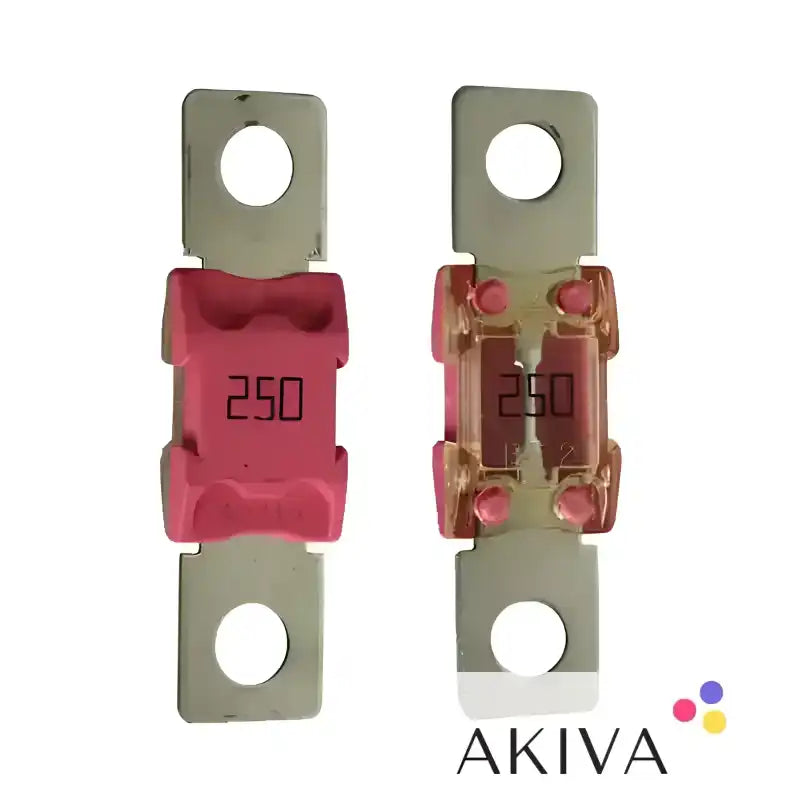 Two pink and clear 250A 58V MEGA-fuses for 48V products displayed together