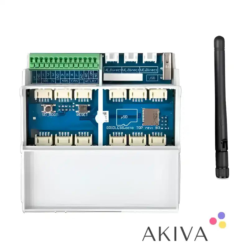 White and blue Octo GX electronic control box with antenna for off-grid power solutions