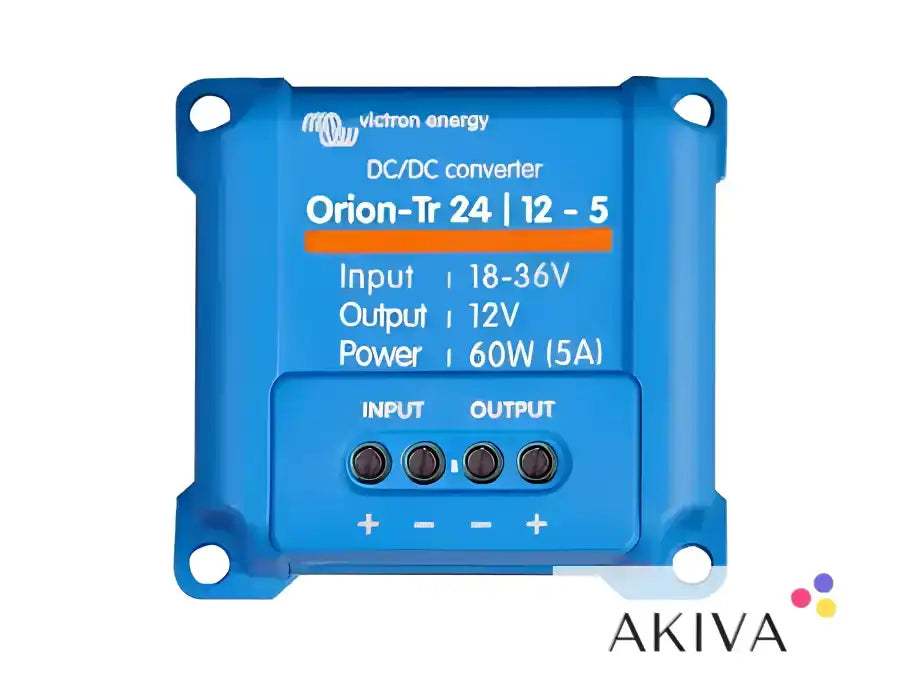 Blue DC-DC converter with input and output terminals for off-grid power solutions from Victron Energy