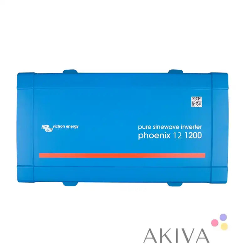 Blue rectangular Victron Energy Phoenix Inverter 12/1200 pure sinewave with orange stripe and direct NEMA 5-15R outlet