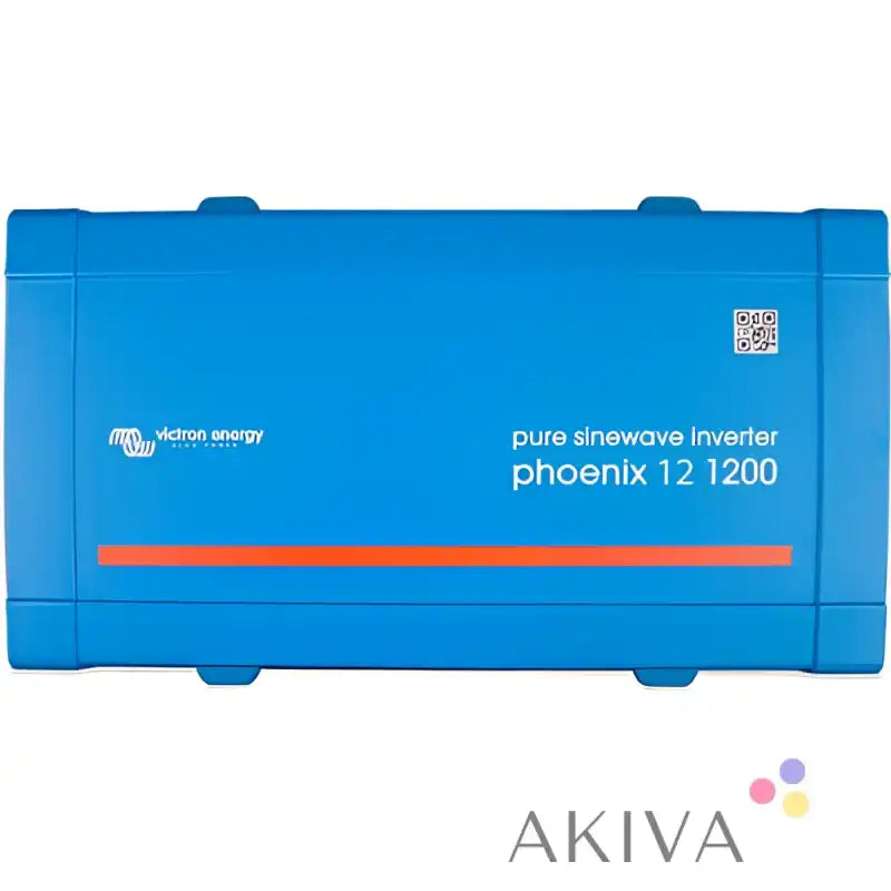 Blue rectangular victron energy phoenix inverter 12/1200 pure sinewave with orange stripe and direct nema gfci feature