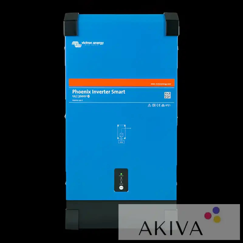 Blue victron energy phoenix inverter smart 12/3000w with black corners and central control panel for off-grid power solutions