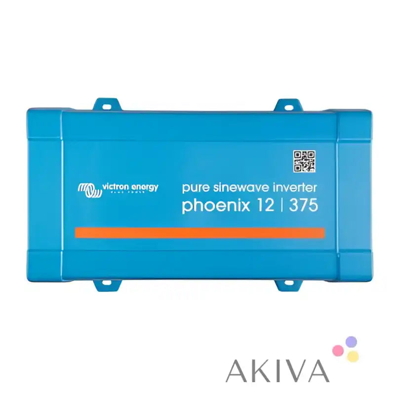 Blue rectangular victron energy phoenix inverter 12|375 pure sinewave with orange stripe and direct nema 5-15r outlet