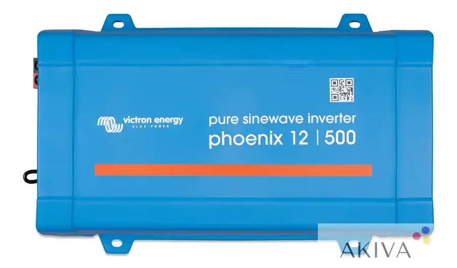 Blue plastic victron energy phoenix inverter 12/500 pure sine wave with orange accent stripe and direct nema 5-15r outlet