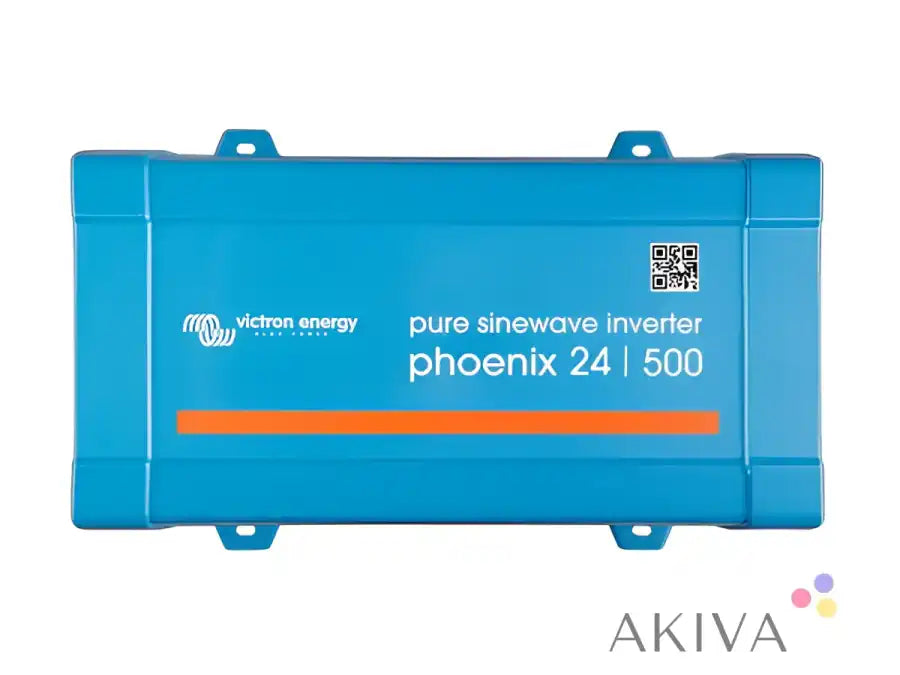 Blue rectangular victron energy phoenix inverter 24|500 with orange stripe for off-grid power solutions and campervan electrical systems