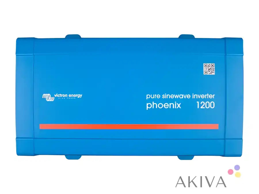 Blue rectangular victron energy phoenix inverter 48 1200 with orange stripe and qr code for off-grid power solutions