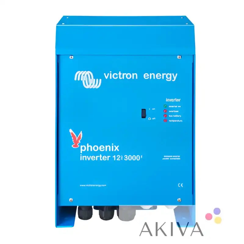 Blue rectangular victron energy phoenix inverter 12/3000 with red logo and indicator lights for 230v smart off-grid power solutions