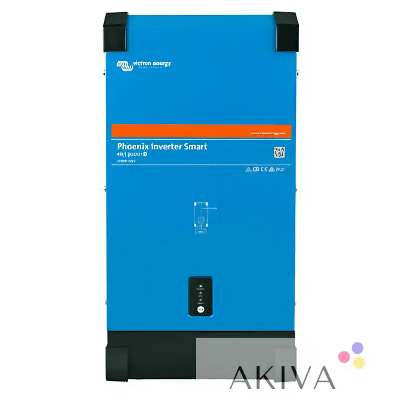 Blue rectangular phoenix inverter 48/5000 230v smart by victron energy with black corners and central control panel for off-grid power solutions