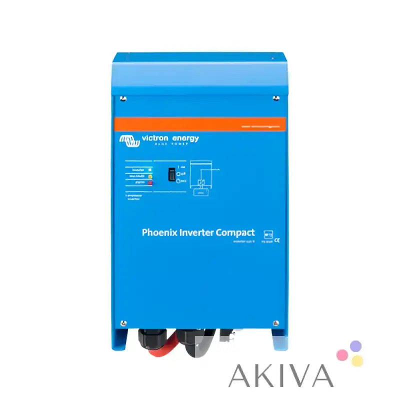 Blue victron energy phoenix inverter compact 24/1600 230v ve.bus with orange accent strip and black cables visible