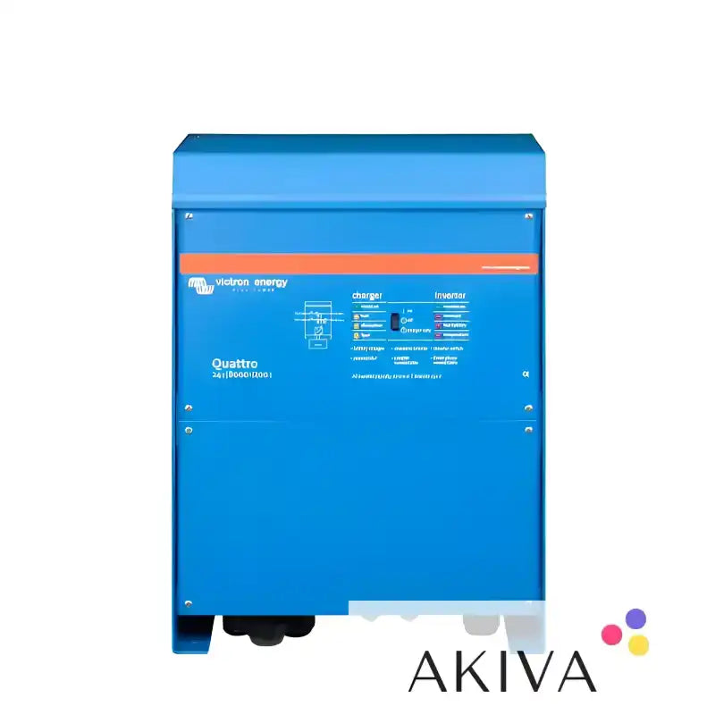 Blue Victron Energy Quattro inverter 230V displayed in Quattro 24/8000/200-100/100 VE.Bus