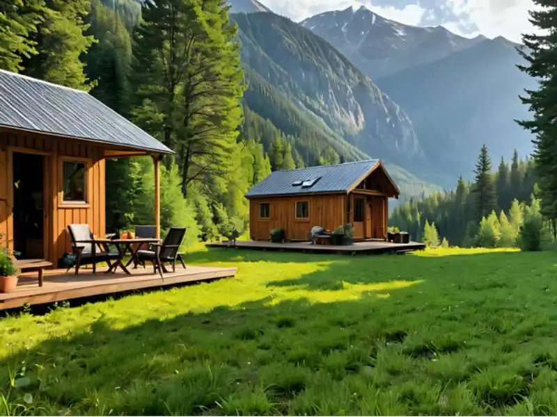 Rustic wooden cabins.