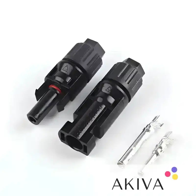 Two black solar panel connectors with metal pins for Solar Connector Pair MC4, Male 1x Female
