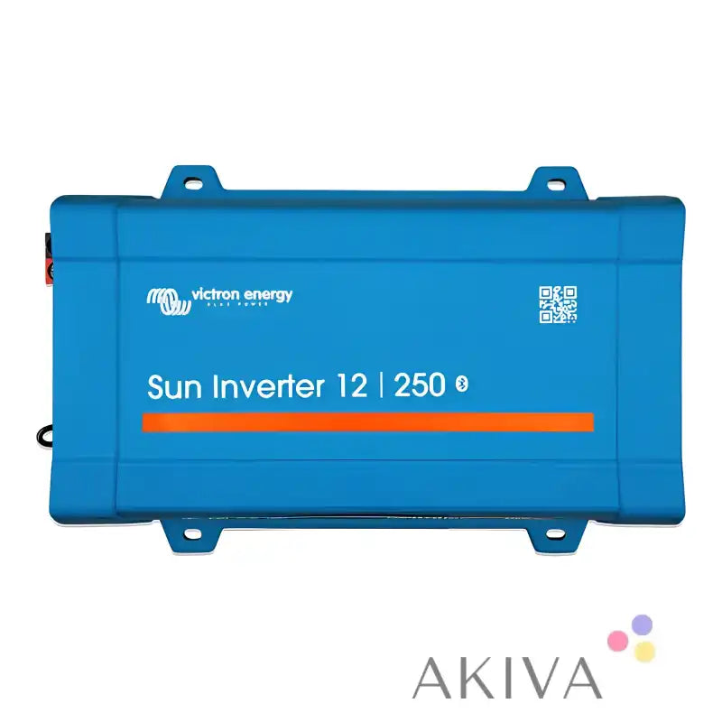 Blue rectangular victron energy sun inverter 24/250-10 iec with orange accent stripe and mounting brackets for off-grid power solutions