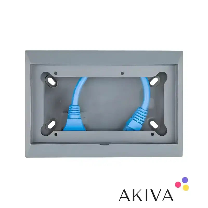 Gray wall mounted enclosure for GX-panels with blue Ethernet cables