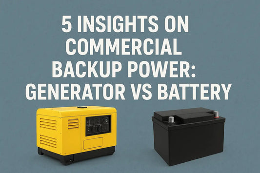 Yellow generator left, black battery right, text: “5 Insights on Commercial Backup Power: Generator vs Battery” on muted blue.