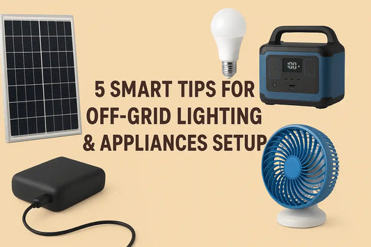 Off-grid solar setup with light, fan, and power bank.