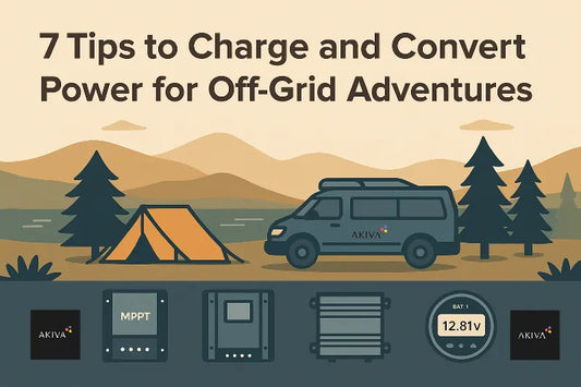 Flat illustration of a lakeside van and tent with icons of off-grid power gear—solar controller, inverter, converter, and battery monitor
