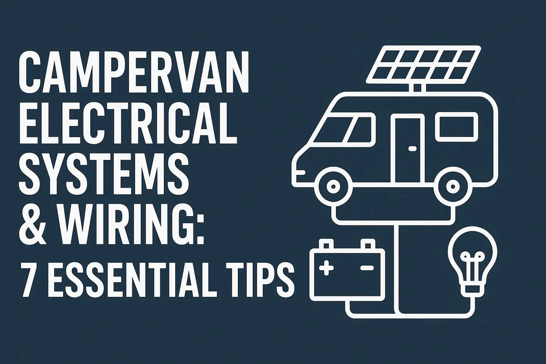 A campervan with rooftop solar panels under a blue sky, featuring the title “Campervan Electrical Systems: Wiring, Solar Panels, Battery Choices