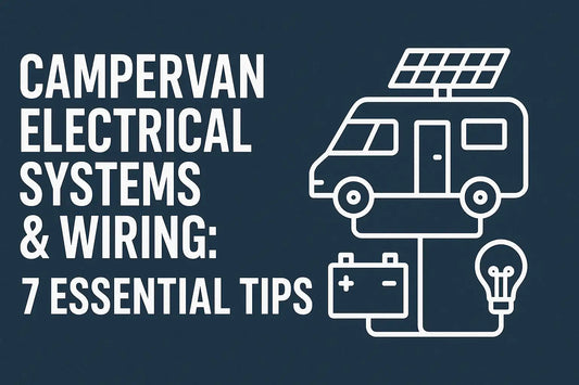 A campervan with rooftop solar panels under a blue sky, featuring the title “Campervan Electrical Systems: Wiring, Solar Panels, Battery Choices